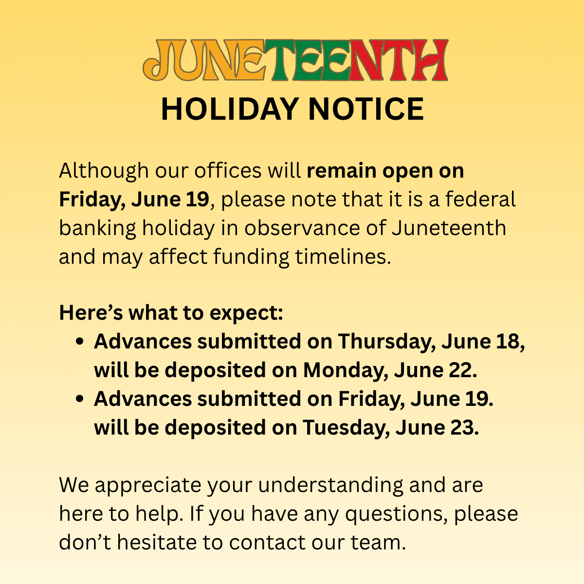Juneteenth Holiday Notice
